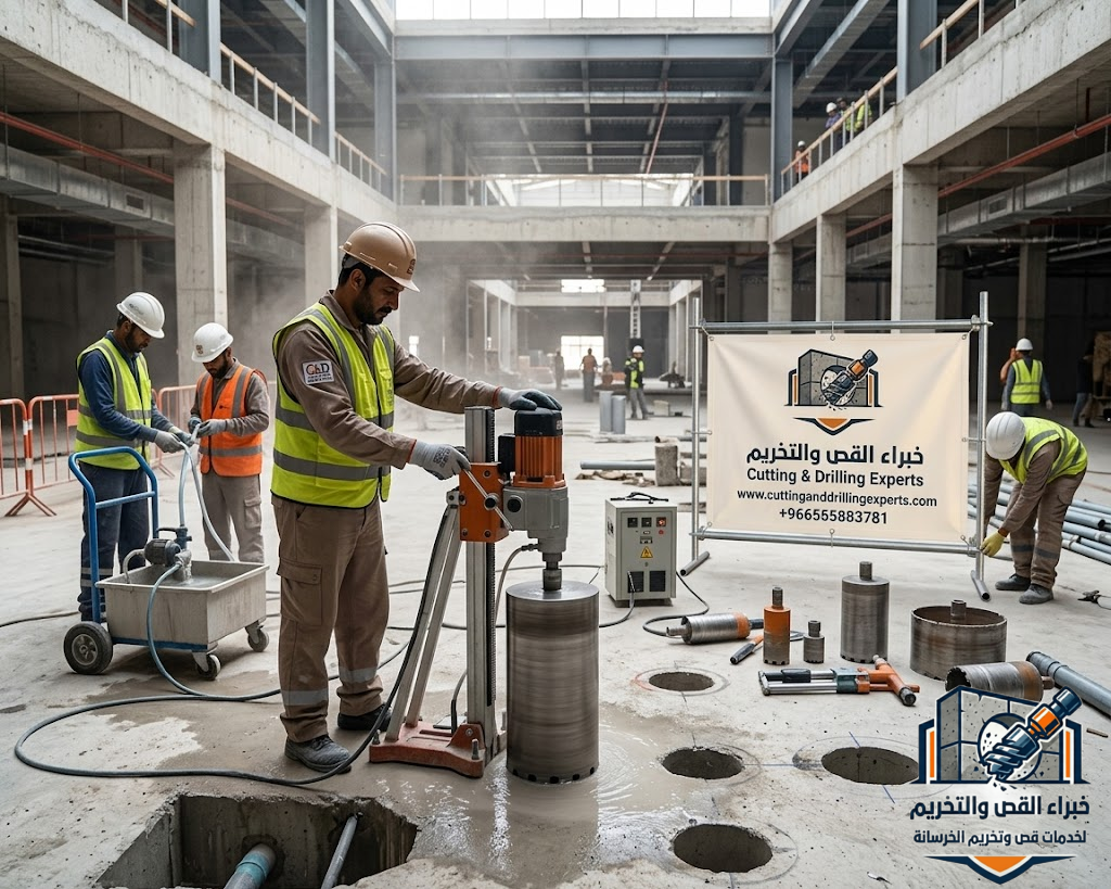 مقاول تخريم خرسانة بالكور بالطائف باستخدام أحدث أجهزة الكور الماسي لتنفيذ فتحات المكيفات والسباكة والكهرباء والتهوية والخزانات بدقة عالية